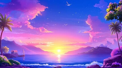 Vibrant Pink And Purple Sunset Over Tropical Ocean Beach