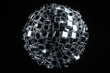 3D render of disco ball, dozens of mini glass squares, black background