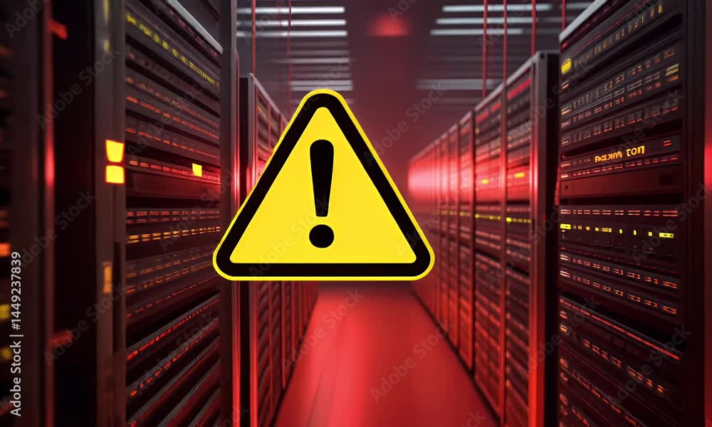 Poster a red triangle with an exclamation mark inside, floating in the center of a dark data center room. r