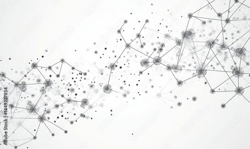 Poster black lines connect multiple black dots forming a network like mesh over white