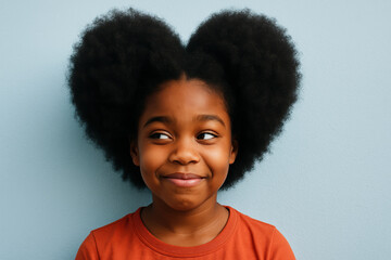 Obraz premium Smiling young girl with heart shaped hairstyle against light blue background