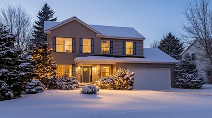 Suburban home illuminated with festive lights in winter snow landscape