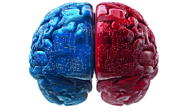  3D blue and red brain with circuit board on a transparent background, cutout in PNG forma
