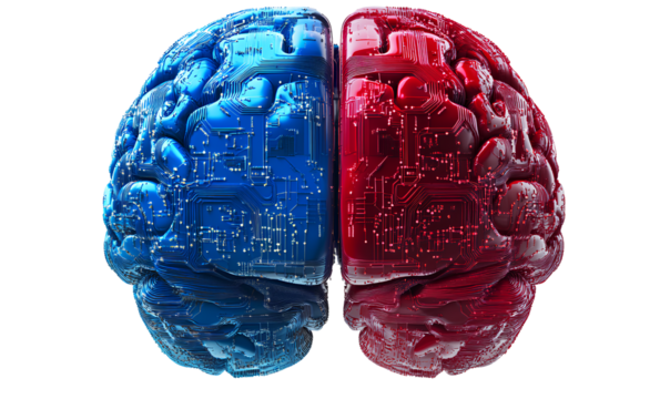 3D blue and red brain with circuit board on a transparent background, cutout in PNG forma