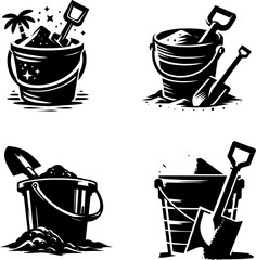 Sand bucket and shovel in black and white silhouette  asset 