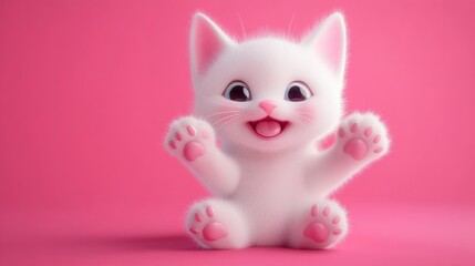 Obraz premium Cute white kitten, sitting, joyful expression