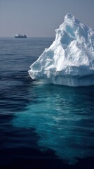 Iceberg Floating in the Ocean with a Ship in the Distance