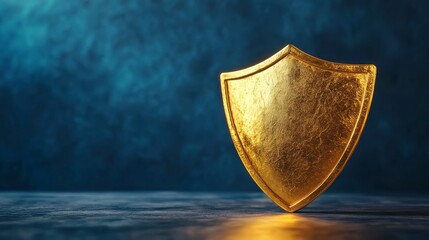 Golden shield on dark background, a symbol of protection, security and defense shiny