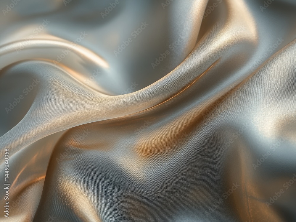 Poster elegant flowing metallic fabric in shades of silver and gold captured in soft light creating a dynam