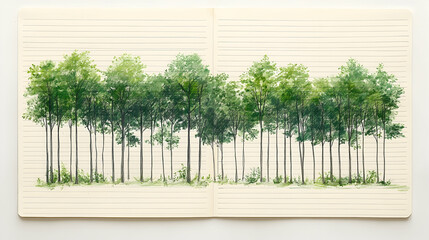 Sketch of a lush green forest drawn on a notebook page  Tall trees stand close together their leaves creating a dense