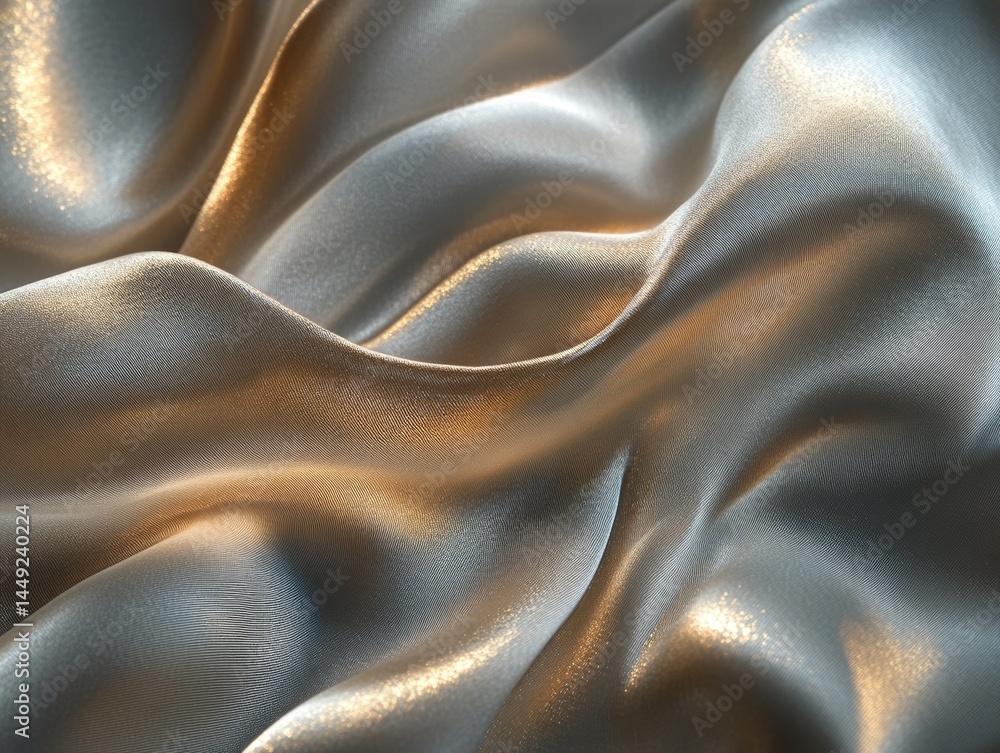 Poster elegant flowing metallic fabric in shades of silver and gold captured in soft light creating a dynam