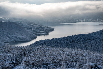 雪景色の森と湖