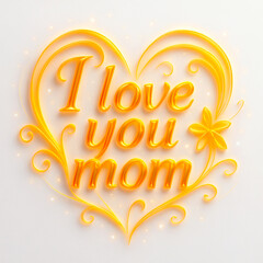 Golden "I Love You Mom" Typography with Heart-Shaped Flourishes and Sparkling Glow on White Background – Elegant 3D Text Design for Mother’s Day and Heartfelt Greeting Cards