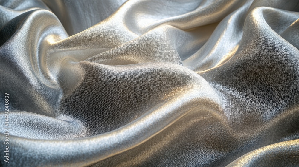 Poster elegant flowing metallic fabric in shades of silver and gold captured in soft light creating a dynam