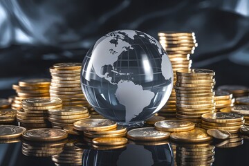 Glass Globe Surrounded by Gold Coins Representing Global Finance and Wealth