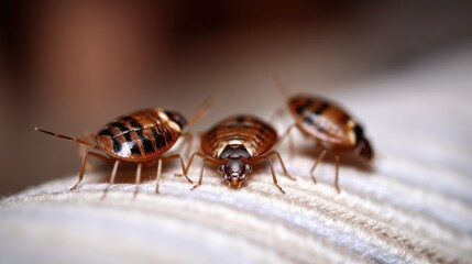 Fototapeta premium Three bedbugs on a white surface