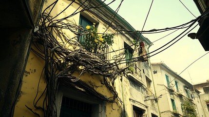 Old building with vines and cables