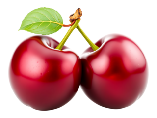 Two Juicy Red Cherries with Green Leaf Fresh, Sweet, and Delicious