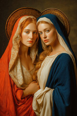 Two women, depicted as saints, in Renaissance-style portrait.  They are close together, wearing robes of red and blue, with halos above their heads