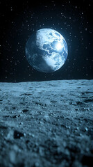 A desolate lunar landscape viewed from a low vantage point features a large luminous Earth hanging in the dark star-