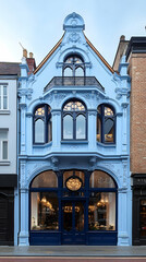 Fototapeta premium A pastel blue building with ornate detailing and large arched windows The ground floor is dark blue with glass doors a