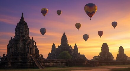 Hot air balloons floating over ancient temples at sunset