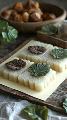 Fototapeta premium Delicate, leaf-shaped decorations adorn light-colored, rectangular cakes on a wooden surface. Mushrooms and greenery enhance the still life