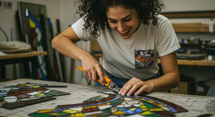 Craftswoman meticulously cuts stained glass