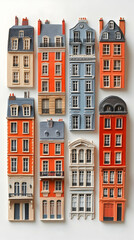 Fototapeta premium Charming miniature Parisian buildings arranged in a grid pattern, showcasing various architectural styles and colors