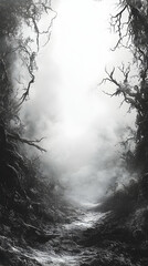 Misty forest path, dark and ethereal. Branches frame a pathway through a thick fog