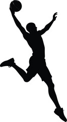 silhouette of a basketball player dunking on white