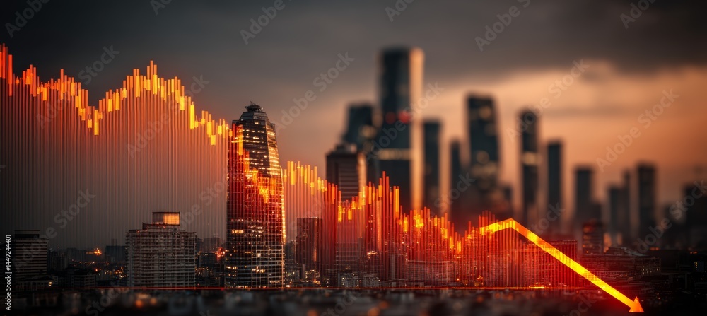 Poster stock market crash crisis chart with global city background. finance statistic value trade data. ban