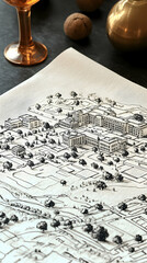 Detailed architectural sketch of a complex, possibly a campus, with buildings and trees depicted in a top-down perspective