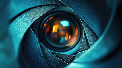 Close-up view of a camera lens, intricate metal, and vibrant lens elements
