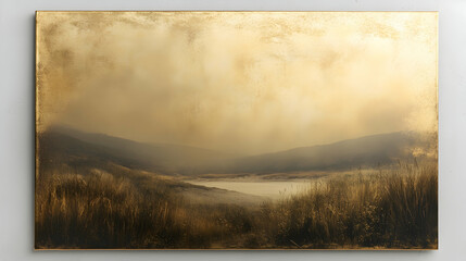Golden landscape painting, misty hills, tranquil lake, warm colors, textured grasses