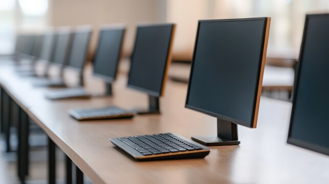 A row of modern desktop computers with keyboards lined up on desks in a bright, empty computer lab.