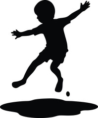 silhouette of a child jumping in puddle on white 