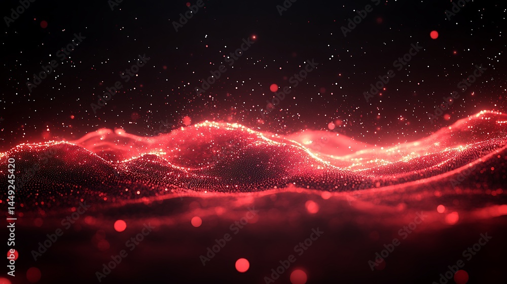 Poster red sparkling particle wave in space
