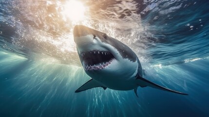 A great white shark swimming in the ocean with its mouth open, showing its sharp teeth and sharp teeth, with a sun beam shining through the water.