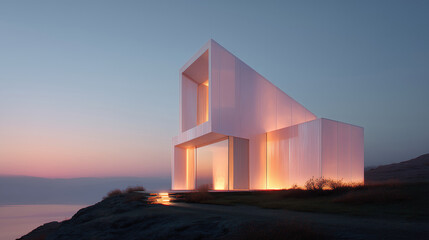 Fototapeta premium Modern minimalist house on a cliff overlooking a serene ocean at sunset. Illuminated, angular white structure, contemporary design