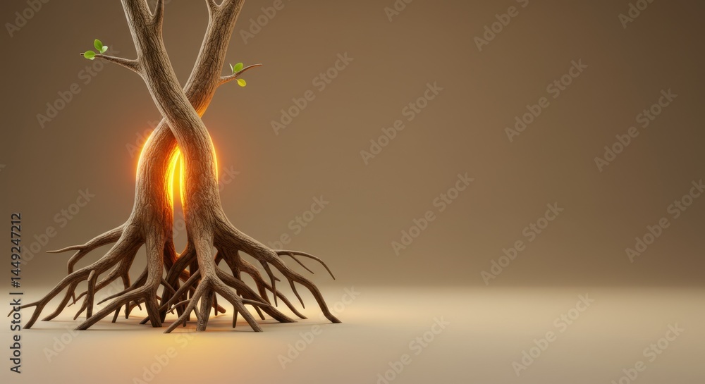 Poster intertwined trees glowing with inner light: a symbol of unity and growth