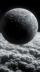 A grayscale celestial sphere, the moon, suspended above a vast, textured cloud layer