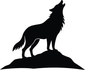silhouette of a howling wolf on cliff on white 