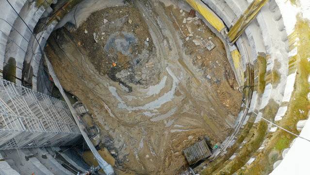 Aerial View of Deep Circular Shaft Excavation Area