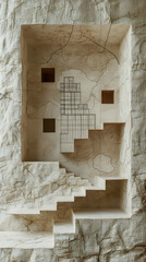 Architectural model, light beige stone, recessed, layered, plan view