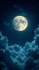 Obraz premium Full moon bathed in night sky, clouds filling the lower portion