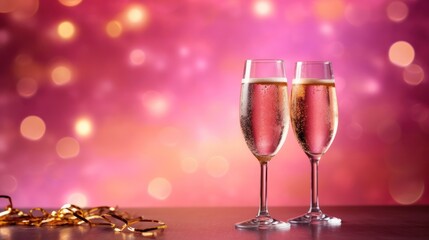 Two champagne glasses filled with pink champagne on a pink and purple bokeh background with gold streamers.