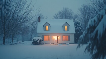 Charming white house glows warmly amidst a tranquil winter landscape