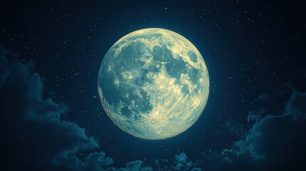 Glowing moon shines above fluffy clouds in night sky