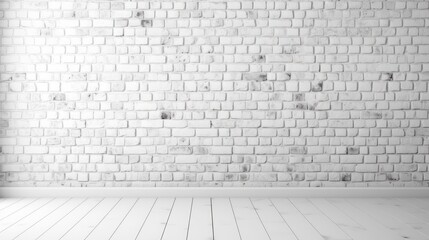 Fototapeta premium A white brick wall with a wooden floor in a room with a white ceiling.